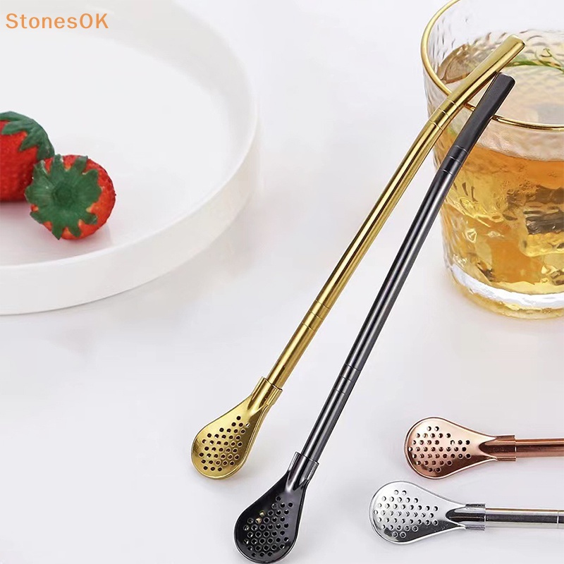 Batu Warna Warni304 Sedotan Minum Teh Stainless Steel Sendok Yerba Mate Tea Filter Reusable Metal Kitchen Bar Milk Tea Stirring Spoon ID