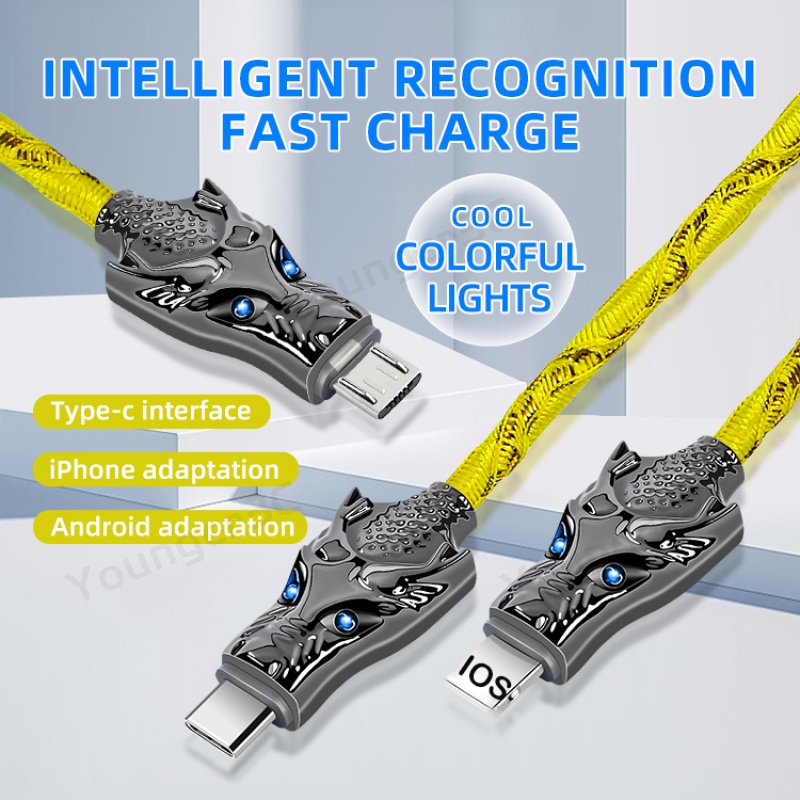 66w Zinc Alloy Dragon Charging Cable 5warna RGB Garis Kawat Super Cepat 5A USB Woven Braided Charging Cord