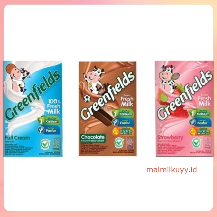 

GREENFIELDS SUSU UHT 105ml FULL CREAM MILK CHOCOMALT STRAWBERRY PREMIUM CHOCOLATE COKLAT VANILA PLAIN PUTIH COKELAT MINUMAN CEMILAN ANAK SEHAT GROSIR MURAH FRESH MILK KARTON 105 ml DUS