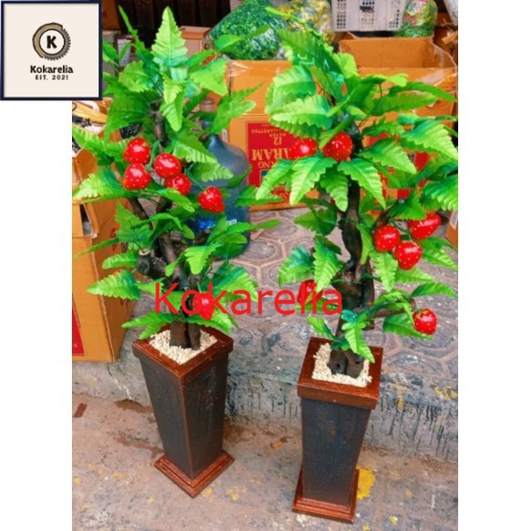 BUNGA SUDUT RUANGAN LENGKAP VAS BATU // POHON BONSAI STROBERY ARTIFICIAL DEKORASI TINGGI 120CM // BU