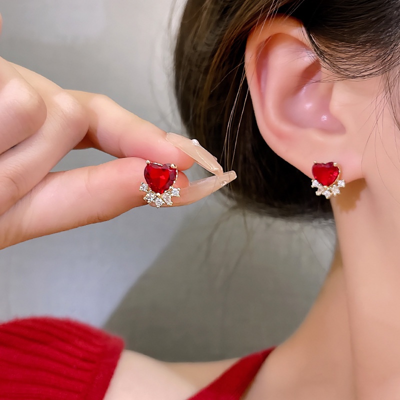 925jarum Perak Sederhana Indah Zirkon Merah Anting Jantung Mewah Peach Jantung Telinga Studs