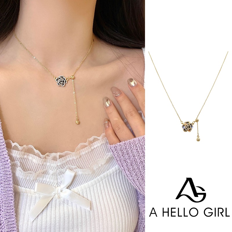 Kalung Liontin Zirkon Bunga Camelia Hitam Perempuan Korea Tarik Rantai Klavikula