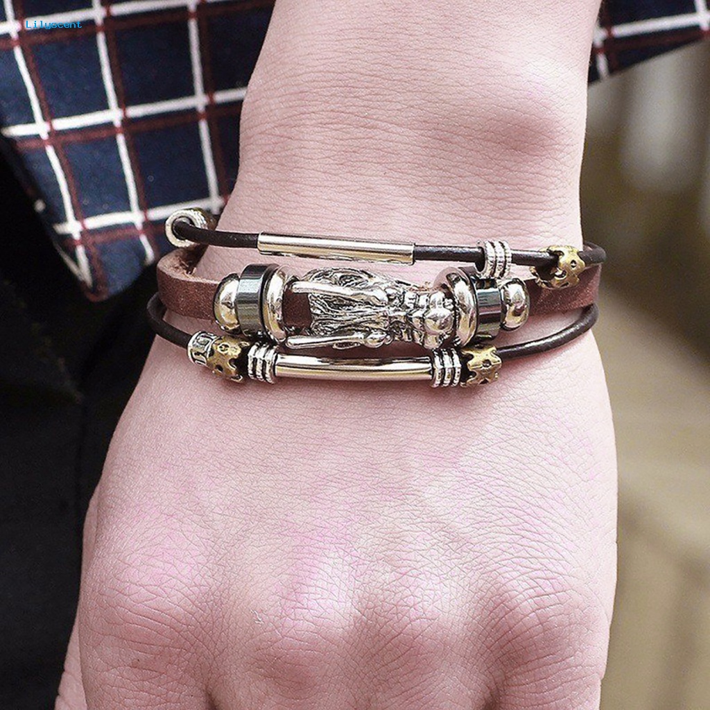 Lilyscent Pria Vintage Punk Gelang Kulit Imitasi Kepala Naga Pesona Multilayer Bangle