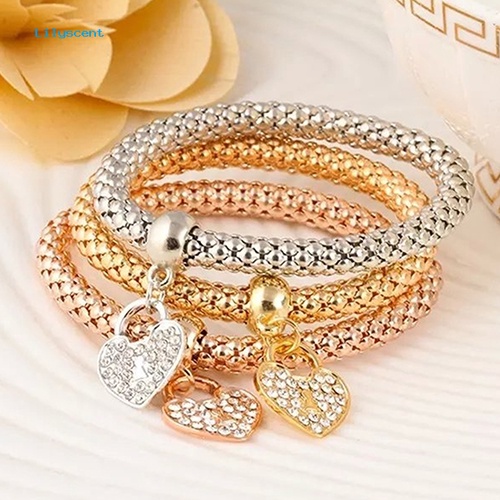 Lilyscent 3Pcs Fashion Wanita Berlian Imitasi Cinta Hati Liontin Elastis Gelang Bangles