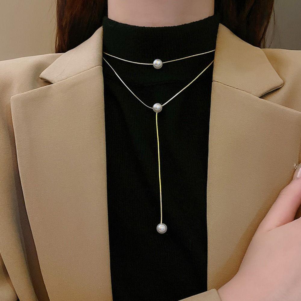 Needway Lady Kalung Trendy Emas Mutiara Rantai Panjang Manis Untuk Wanita Gaya Korea Necklace