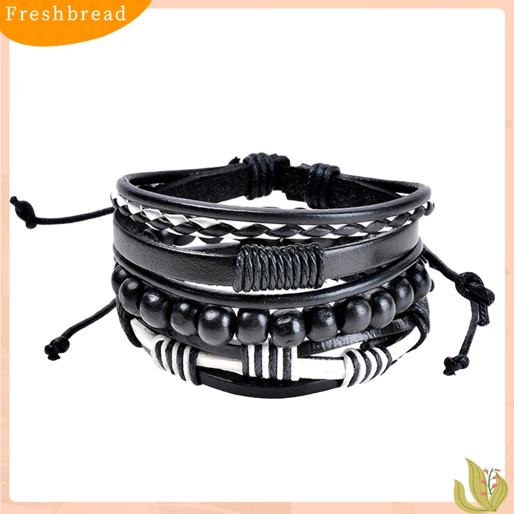 &lt; Freshbread &gt; 3Pcs Manik-Manik Kayu Kepang Retro Perhiasan Gelang Bangles Kulit Imitasi Untuk Pria