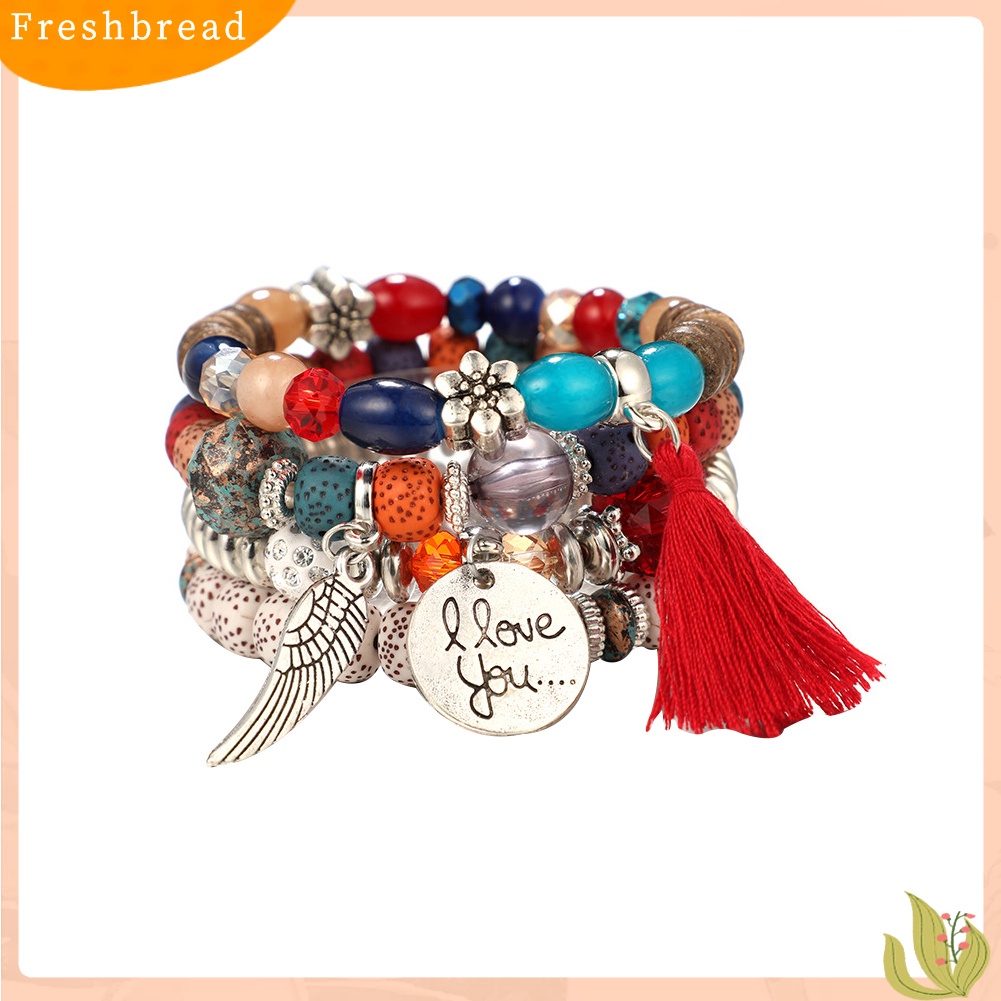 &lt; Freshbread &gt; 4Pcs/Set Gaya Bohemian Huruf Jumbai Bunga Manik-Manik Liontin Wanita Perhiasan