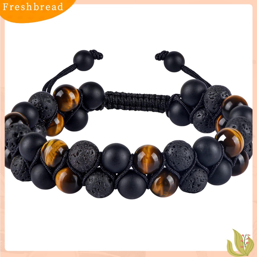 &lt; Freshbread &gt; Gelang Pria Dikepang Tali ic Double Layer Adjustable Serut Kepribadian Hias Tiger Eye Faux Rock Stone Pria Gelang Perhiasan Aksesori