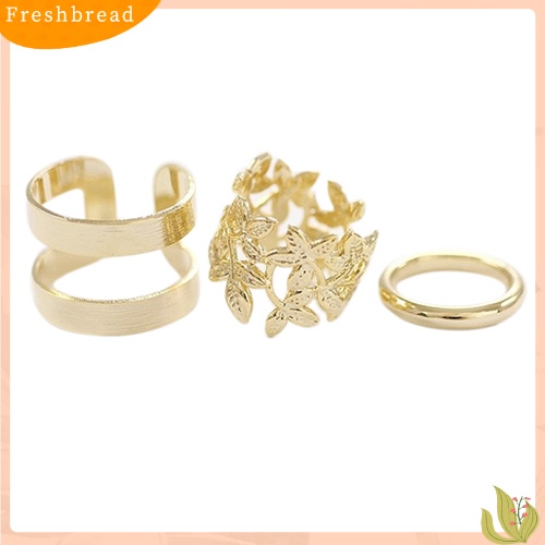 &lt; Freshbread &gt; 3Pcs Leaf Midi Finger Rings Set Perak Emas Tumpuk Diatas Knuckle Band Rings