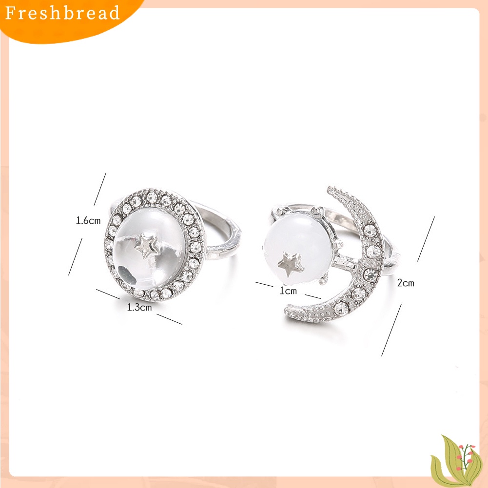 &lt; Freshbread &gt; 2Pcs/Set Boho Wanita Transparan Bulat Berlian Imitasi Hias Bulan Bintang Buku Jari Rings