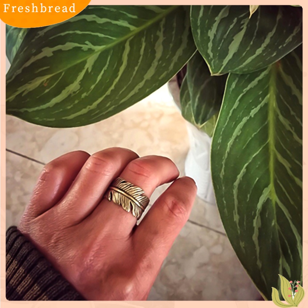 &lt; Freshbread &gt; Cincin Terbuka Motif Daun Etsa Bulu Adjustable Bronze Antik Unisex Opening Ring Jewelry Untuk Pesta