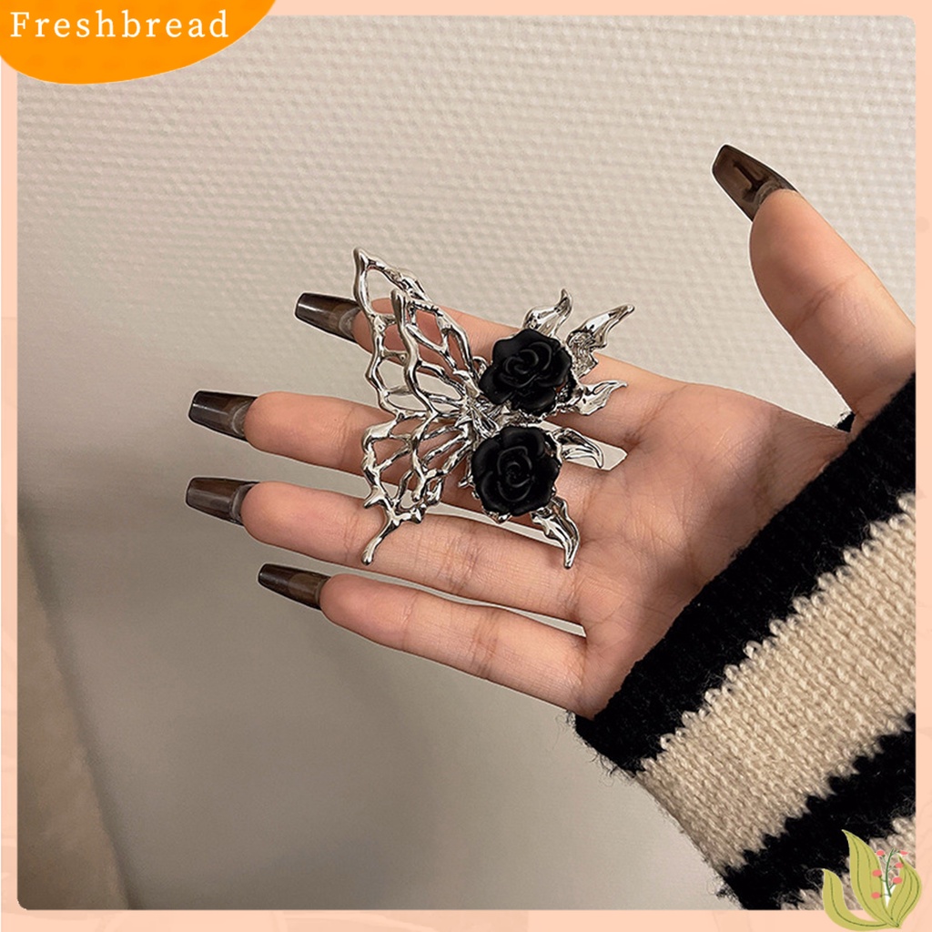 < Freshbread > Wanita Cincin Berlebihan Pembukaan Gothic Punk Tidak Teratur Hadiah Berlian Imitasi Berongga Kupu-Kupu Hitam Mawar Jari Cincin Perhiasan Fashion