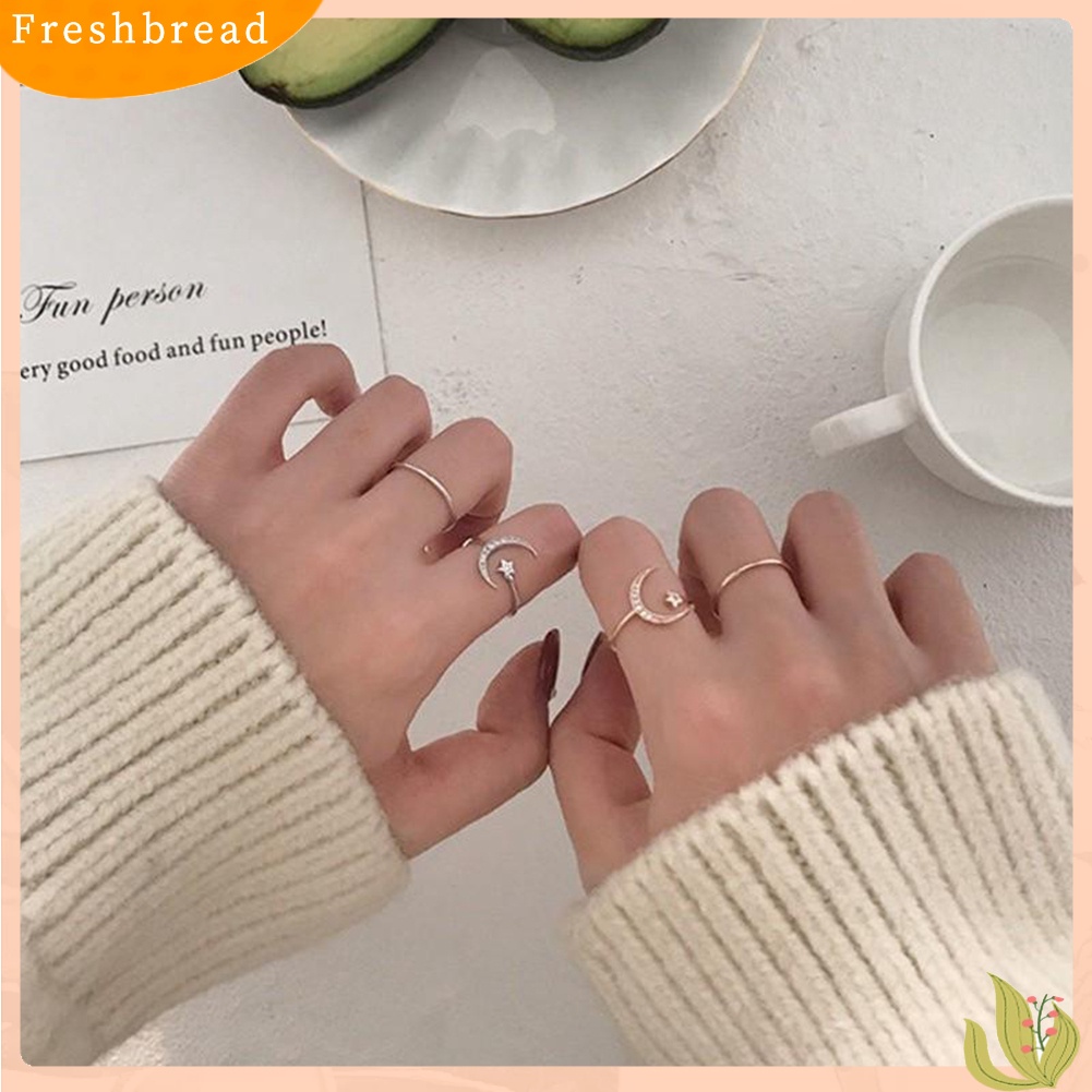 &lt; Freshbread &gt; 2Pcs Wanita Fashion Bintang Bulan Berlian Imitasi Bertatahkan Cincin Jari Terbuka Perhiasan Pesta