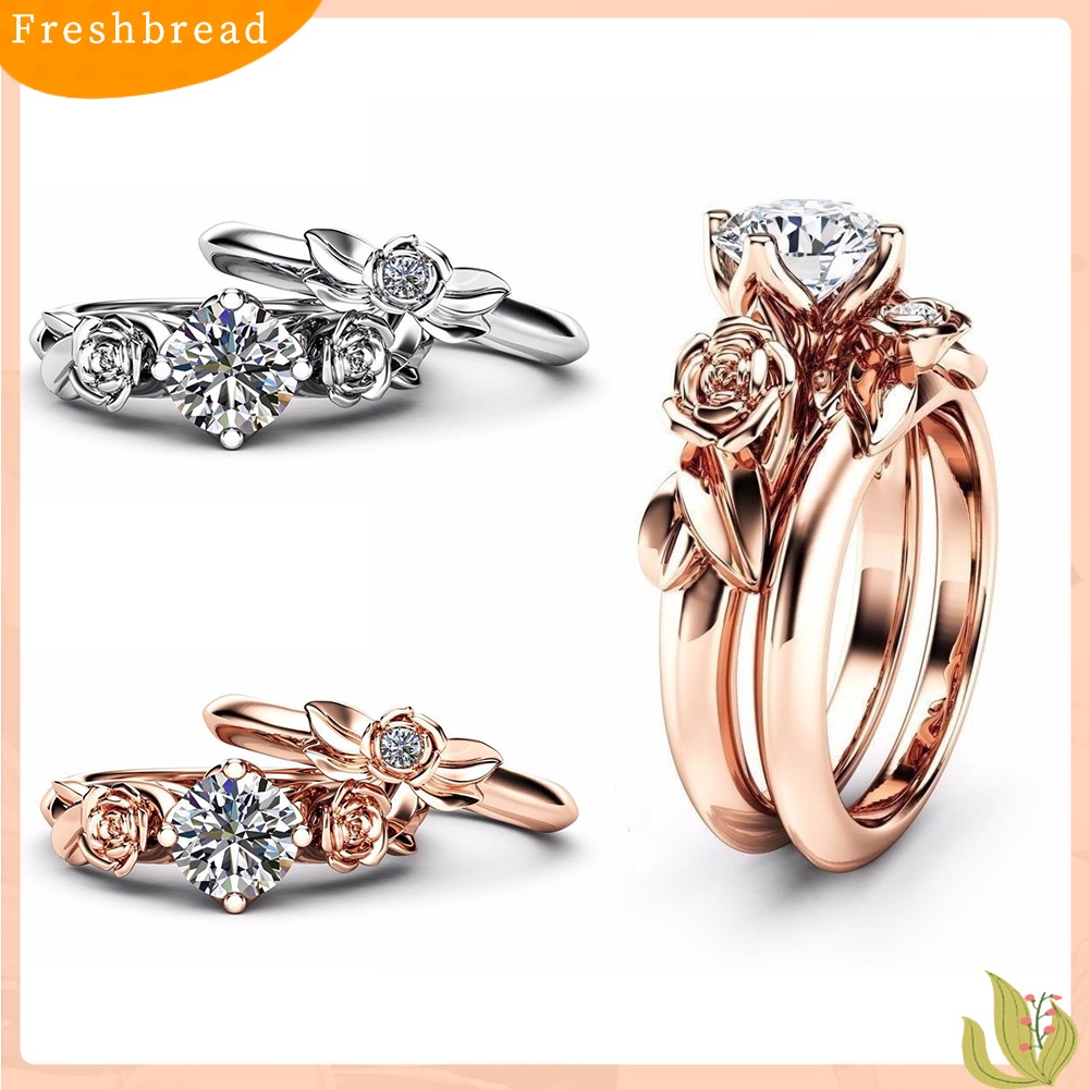 &lt; Freshbread &gt; 2Pcs Fashion Bunga Mawar Cincin Set Berlian Imitasi Wanita Pesta Pertunangan Perhiasan