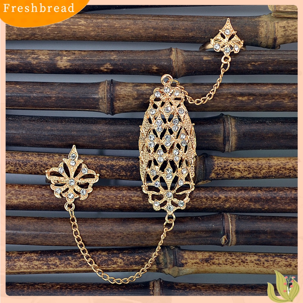 &lt; Freshbread &gt; Opening Ring Berlian Imitasi Tertanam Alloy Warna Emas Berlubang-out Leaf Dual Finger Chain Ring Untuk Pacaran