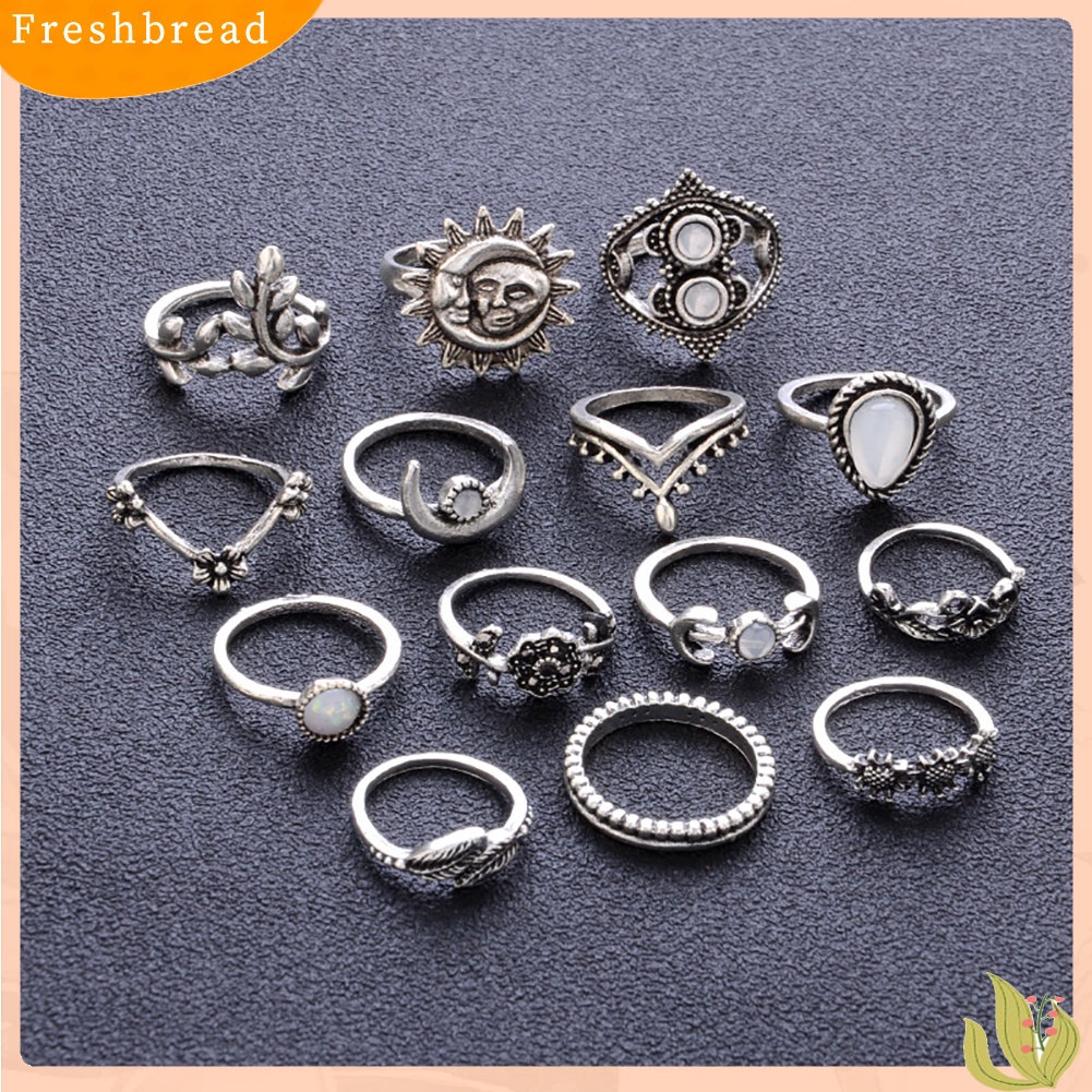 &lt; Freshbread &gt; 14Pcs Vintage Bunga Matahari Bulan Bentuk Wanita Knuckle Band Rings Set Jari Perhiasan