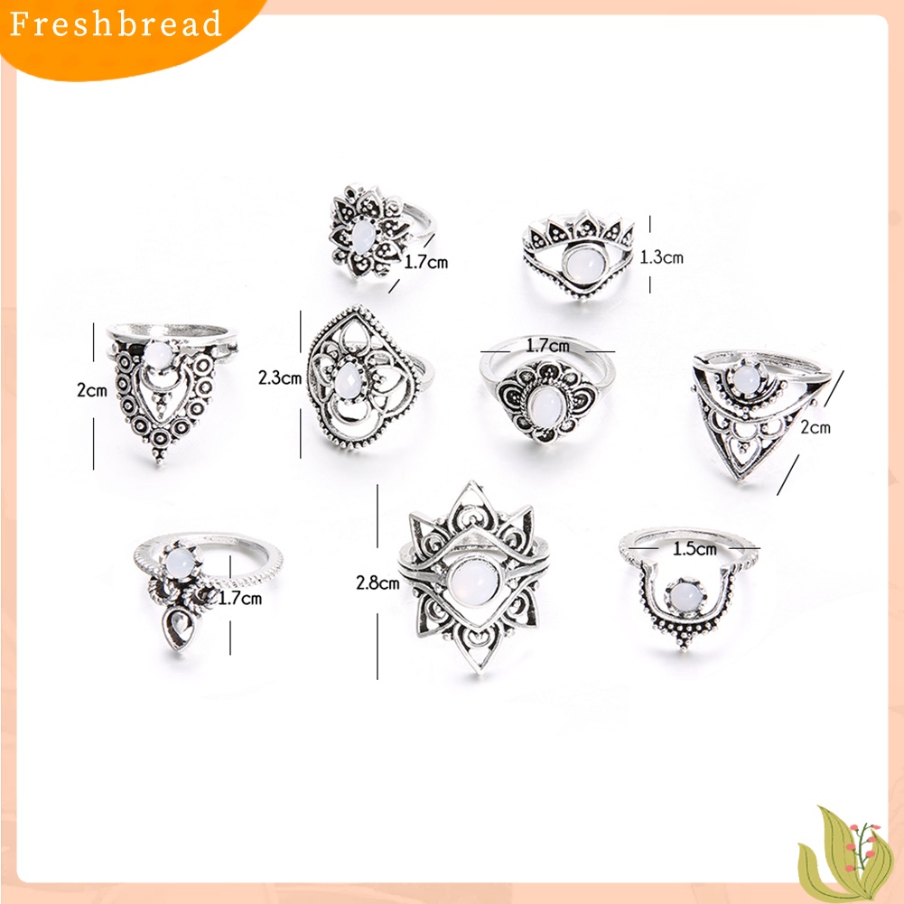 &lt; Freshbread &gt; 9Pcs/Set Retro Wanita Berongga Bunga Faux Gemstone Knuckle Midi Susun Rings Set