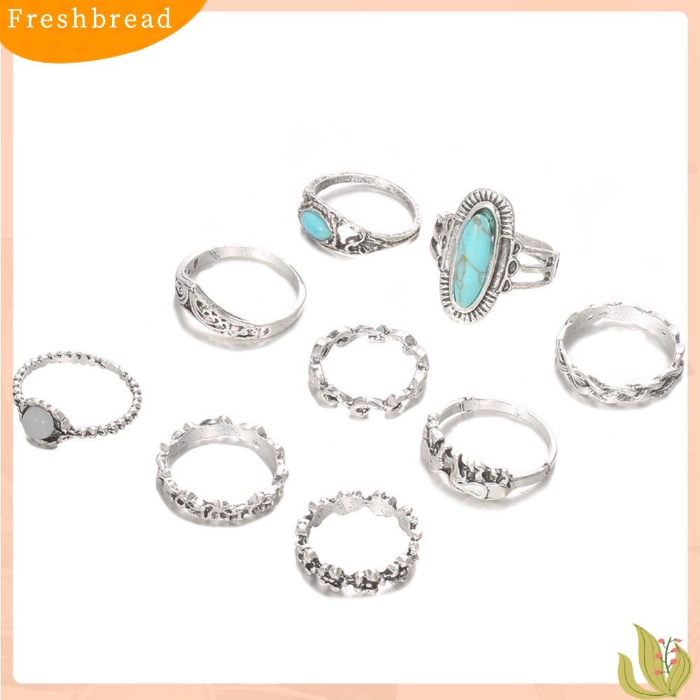 &lt; Freshbread &gt; 9Pcs/Set Wanita Retro Bohemian Faux Turquoise Hias Jari Cincin Perhiasan Hadiah