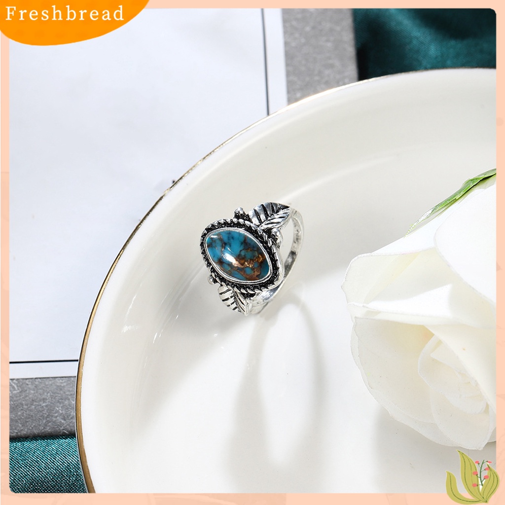 &lt; Freshbread &gt; Wanita Cincin Indah Imitasi Pirus Portabel High-end Vintage Hias Anti Karat Bentuk Daun Unisex Pria Buku Jari Cincin Hadiah Ulang Tahun