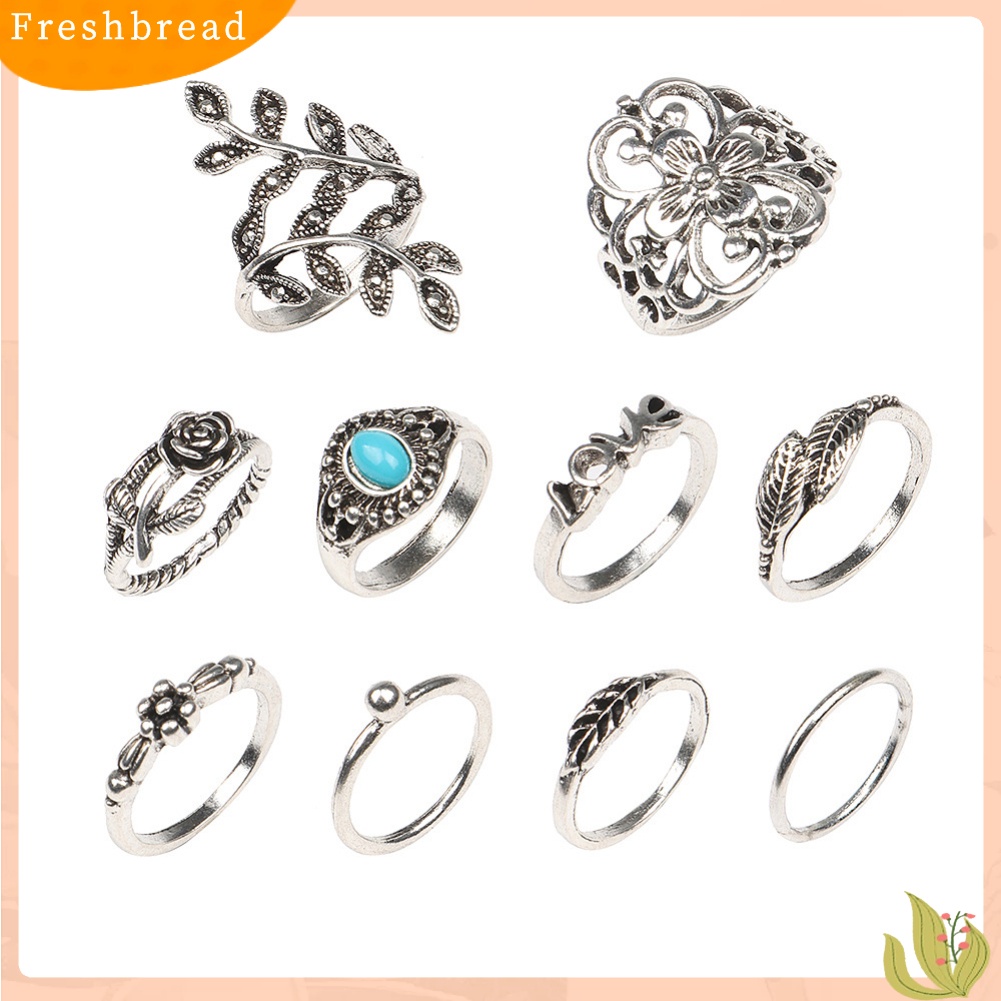 &lt; Freshbread &gt; 10 Pcs Wanita Retro Mawar Ukir Imitasi Pirus Susun Jari Cincin Perhiasan Hadiah