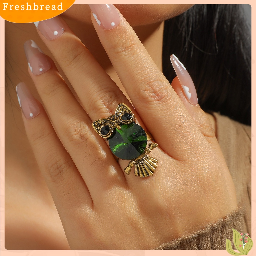 &lt; Freshbread &gt; Wanita Cincin Hias Menggemaskan Hadiah Lucu Burung Hantu Hijau Berlian Imitasi Cincin Perhiasan Aksesoris