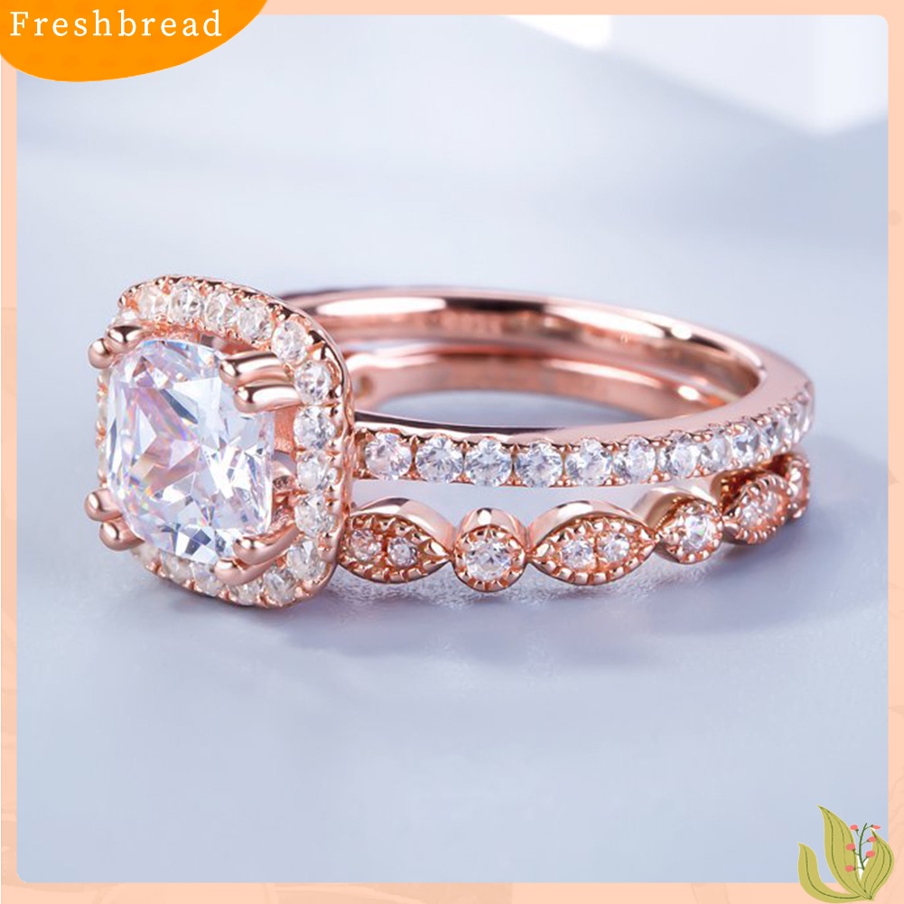 &lt; Freshbread &gt; 2Pcs/Set Wanita Emerald Cut Cubic Zirconia Stacking Finger Ring Perhiasan Pernikahan