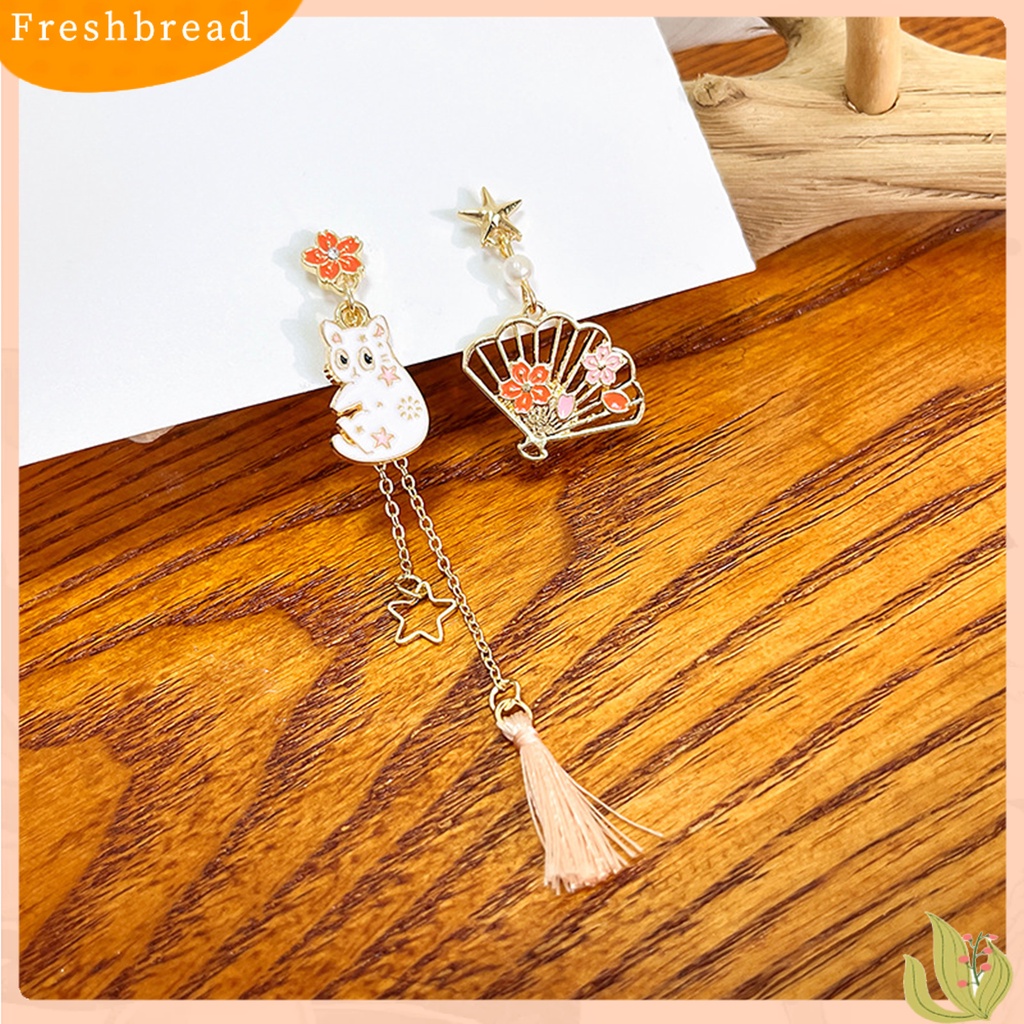 &lt; Freshbread &gt; 1pasang Drop Earrings Kartun Asimetris Electroplating Liontin High Gloss Hiasan Telinga Tahan Luntur Fashion Wanita Anak Bunga Telinga Kucing Studs Untuk Pakaian Sehari-Hari