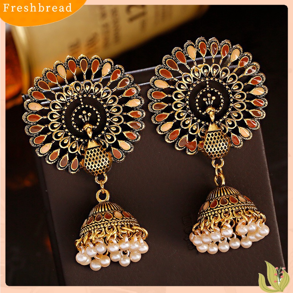 &lt; Freshbread &gt; 2Pcs Anting Menjuntai Gaya India Bell Rumbai Mutiara Imitasi Warna-Warni Geometris Hias Hadiah Wanita Merak Liontin Anting Perhiasan Fashion Untuk Pakaian Sehari-Hari