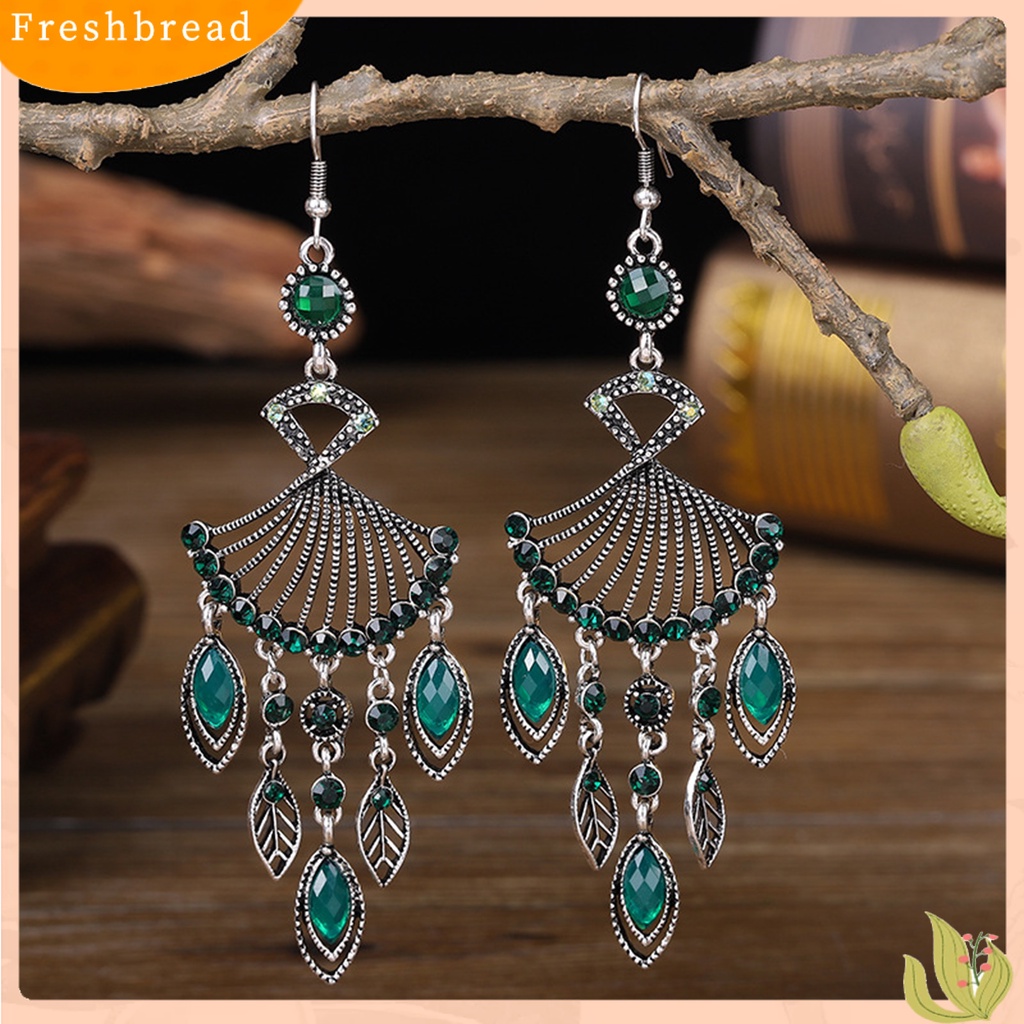 &lt; Freshbread &gt; 1pasang Anting Menjuntai Bohemian Retro Gaya Etnik Rumbai Panjang All-match Dekorasi Kristal Imitasi Wanita Berongga Berbentuk Kipas Drop Earrings Perhiasan Hadiah Untuk Pacaran