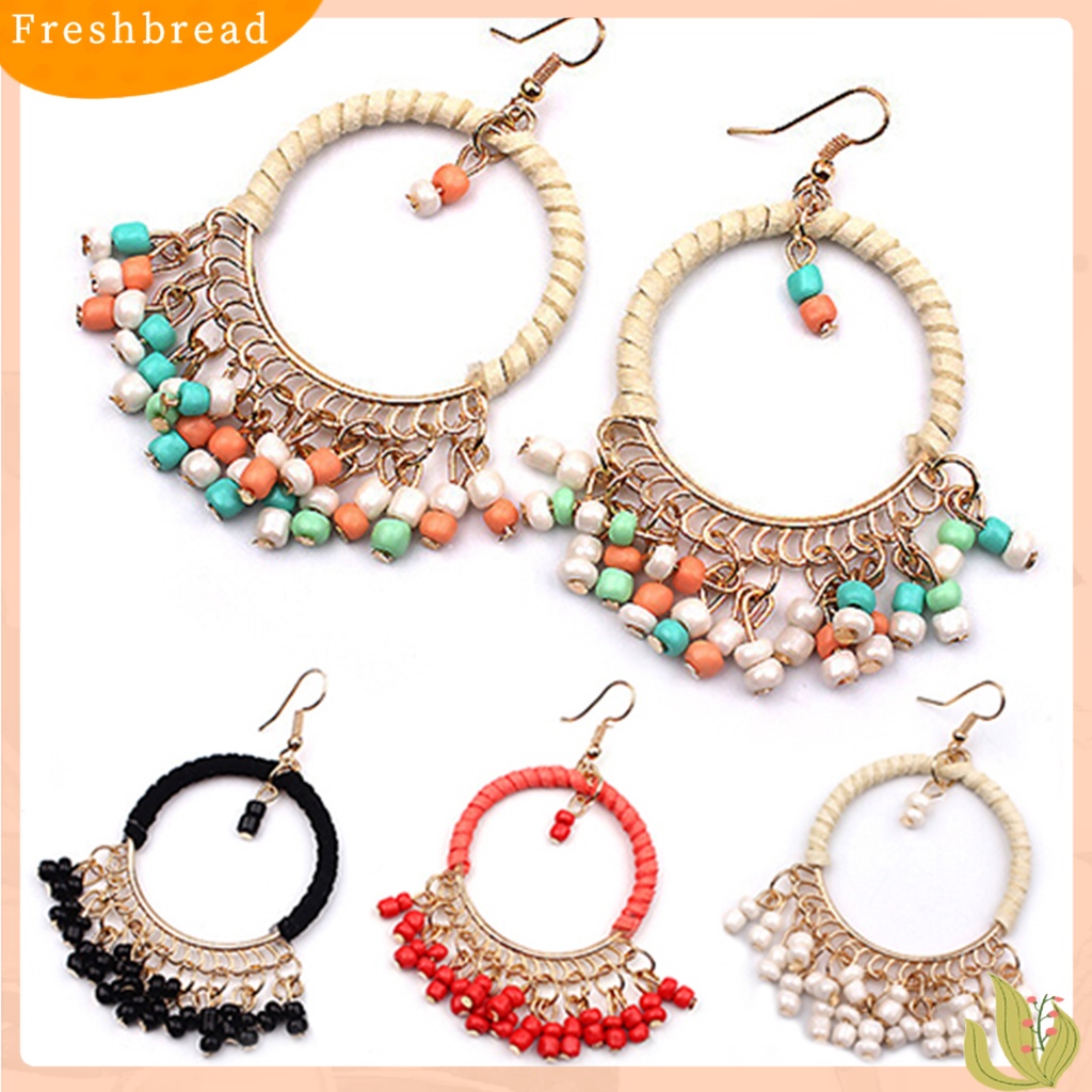 &lt; Freshbread &gt; 1pasang Anting Gaya Boho Manik-Manik Rumbai Desain Alloy Anting Kait Menjuntai Untuk Pakaian Sehari-Hari