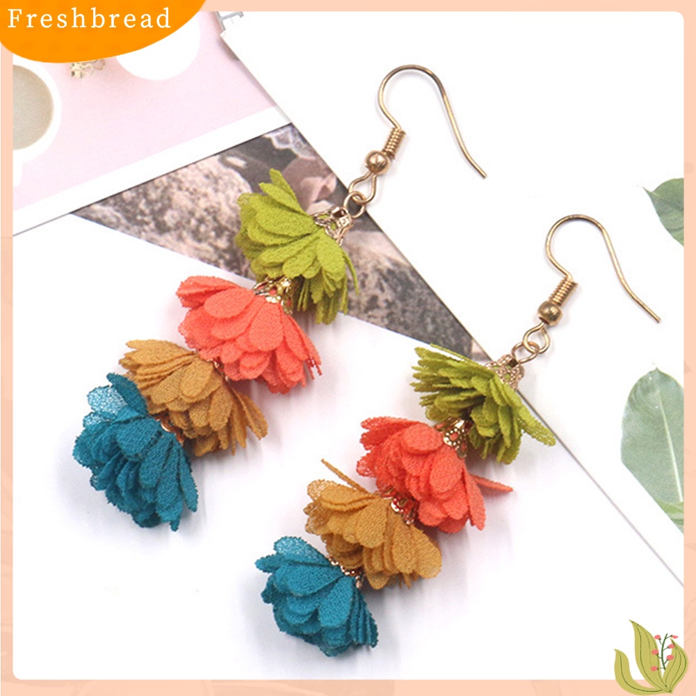 &lt; Freshbread &gt; Boho Pesta Wanita Kain Bunga Rumbai Panjang Menjuntai Drop Hook Anting Perhiasan