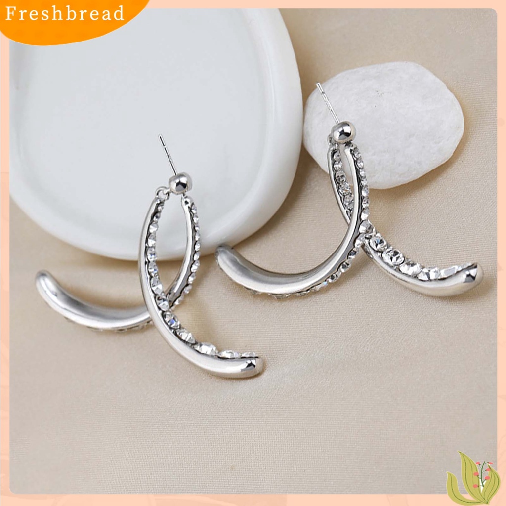 &lt; Freshbread &gt; 1pasang Anting Menjuntai Nice-looking Electroplating Alloy Indah Berlian Imitasi Cincin Telinga Melengkung Untuk Penggunaan Sehari-Hari