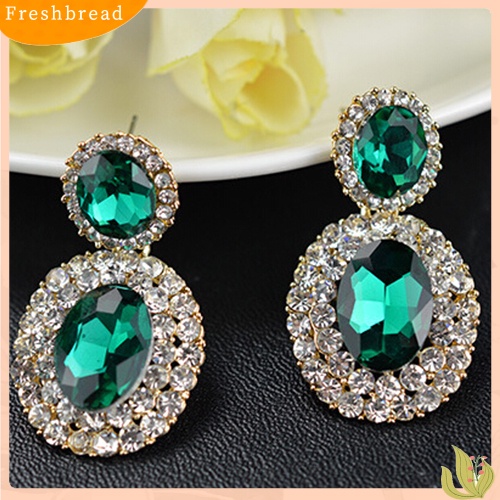 &lt; Freshbread &gt; Wanita Vintage Mewah Geometris Oval Berlian Imitasi Liontin Menjuntai Drop Earrings