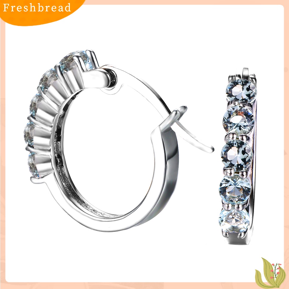 &lt; Freshbread &gt; Wanita Potongan Bulat Cubic Zirconia Hias Perak Disepuh Huggie Earrings Perhiasan Hadiah