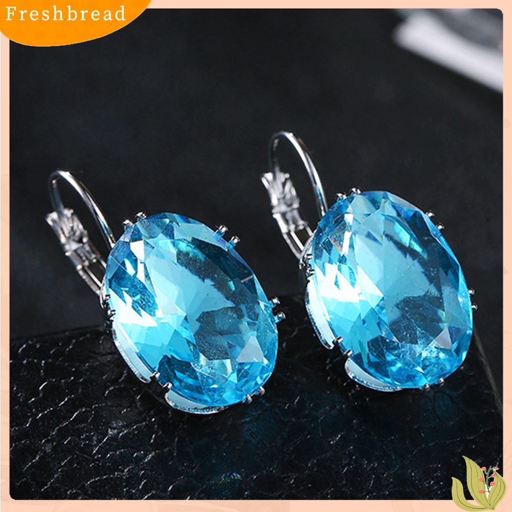 &lt; Freshbread &gt; Wanita Elegan Oval Batu Permata Imitasi Hias Menjuntai Leverback Earrings Perhiasan Hadiah