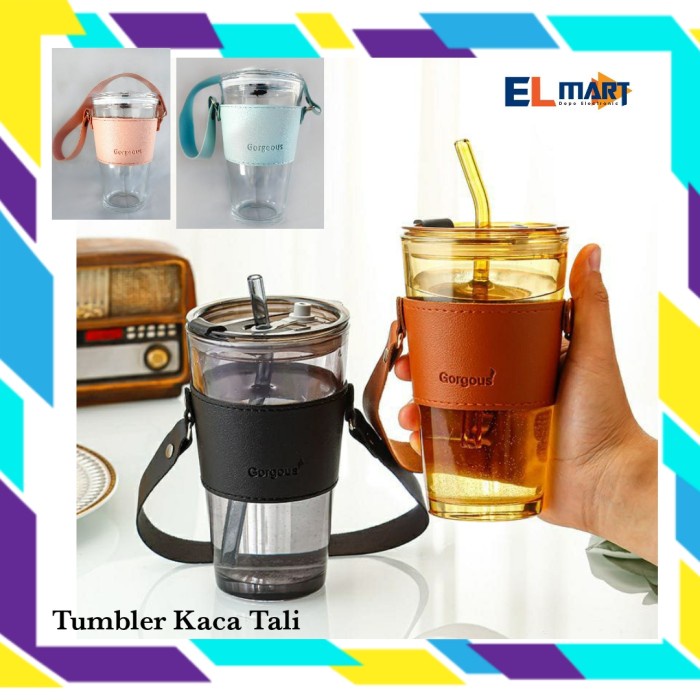 Gelas Tumbler Kaca Sedotan Dan Tutup Bertali 450ml With Strap CK8