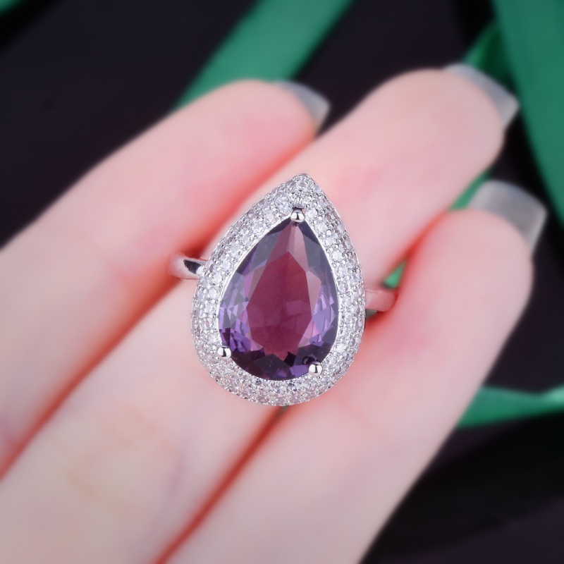 Goldkingdom Fashion Perhiasan Aksesoris Ready Stock Itali Craft Vintage Water Drop Pear Berbentuk Berlian Ungu Kalung Set Perempuan Amethyst Warna-Warni Harta Karun Cincin Bunga Anting