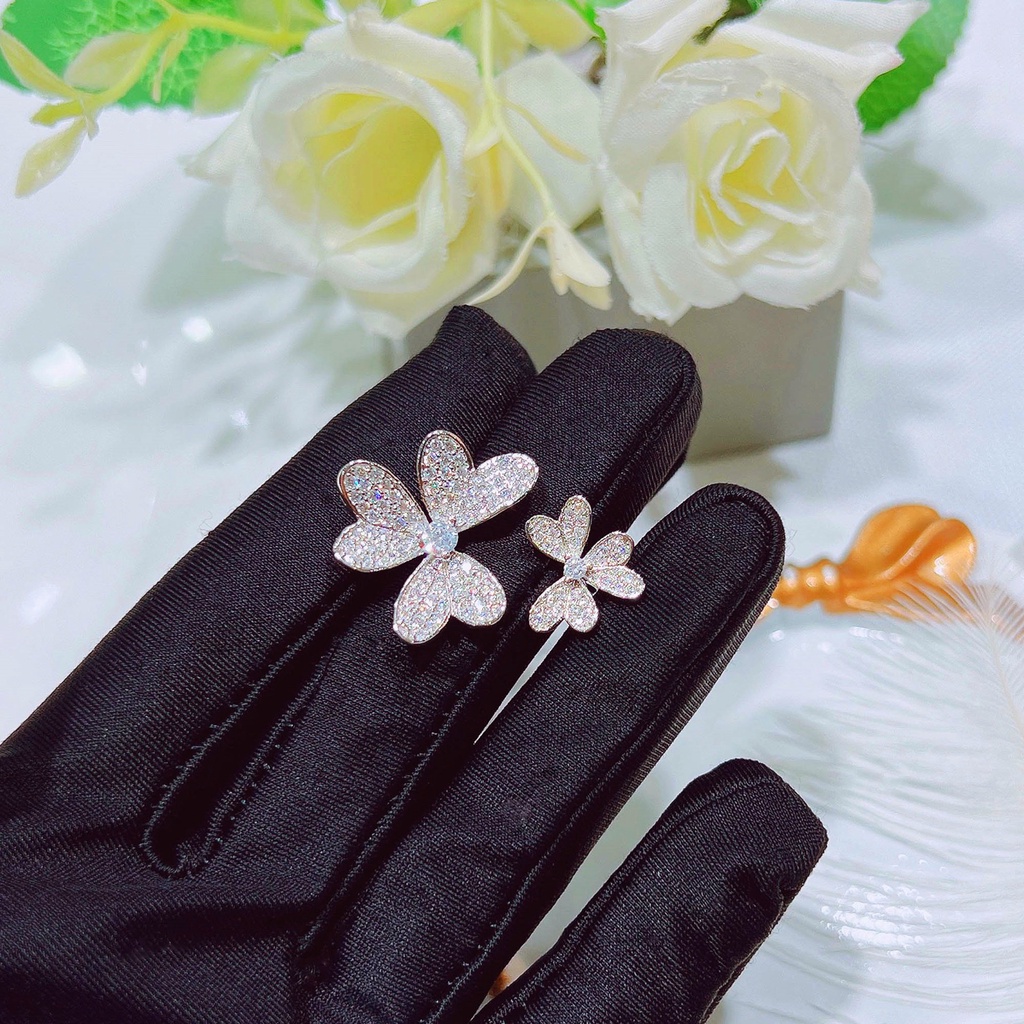 Goldkingdom Fashion Perhiasan Aksesoris Ready Stock Cahaya Mewah Tiga Rumput Bunga Tiga Daun Bunga Cincin Penuh Berlian Tiga Bunga Ganda Bunga Kelopak Bunga Cincin