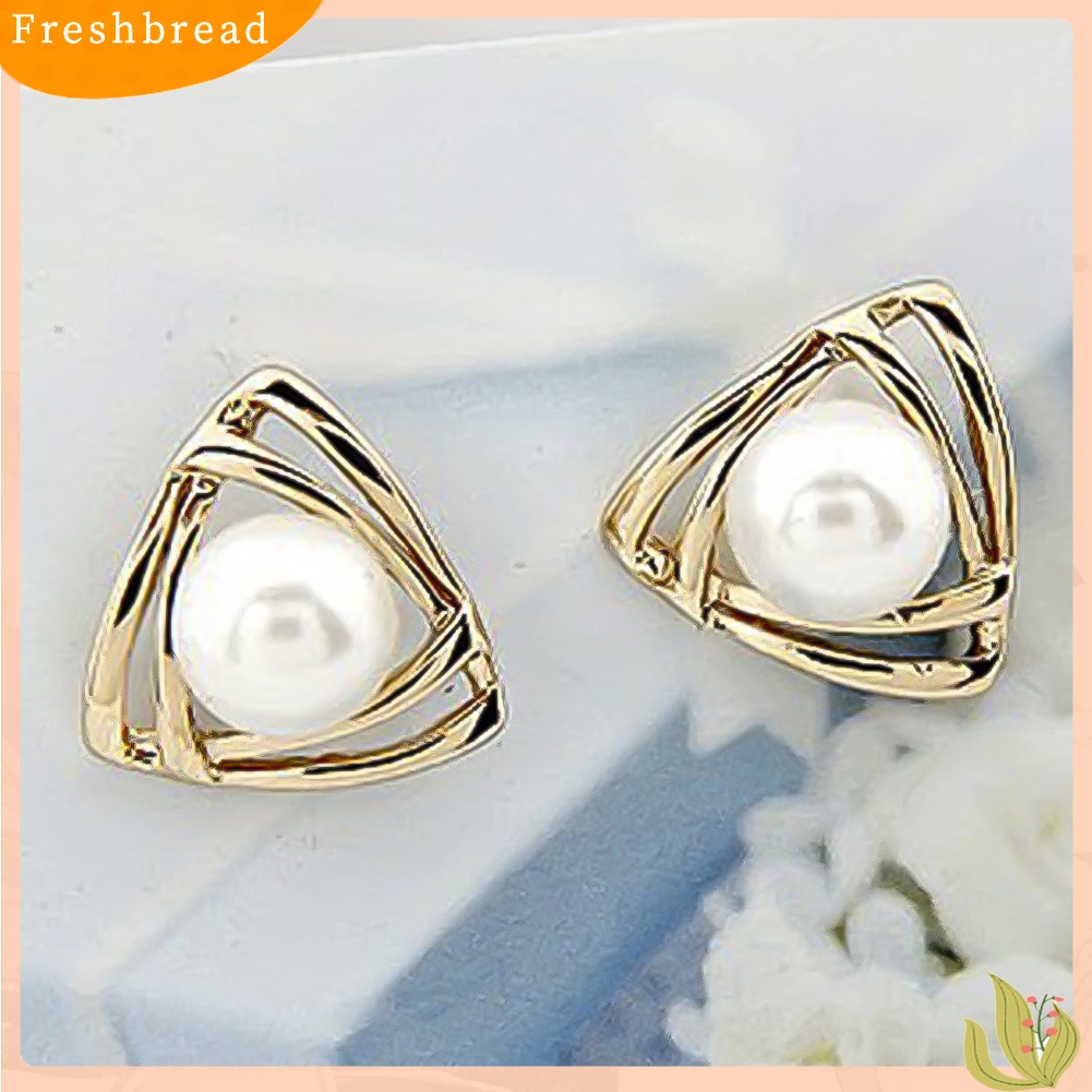 {In Stock} Wanita Mutiara Imitasi Hias Double Segitiga Crossover Ear Stud Earrings Perhiasan Hadiah