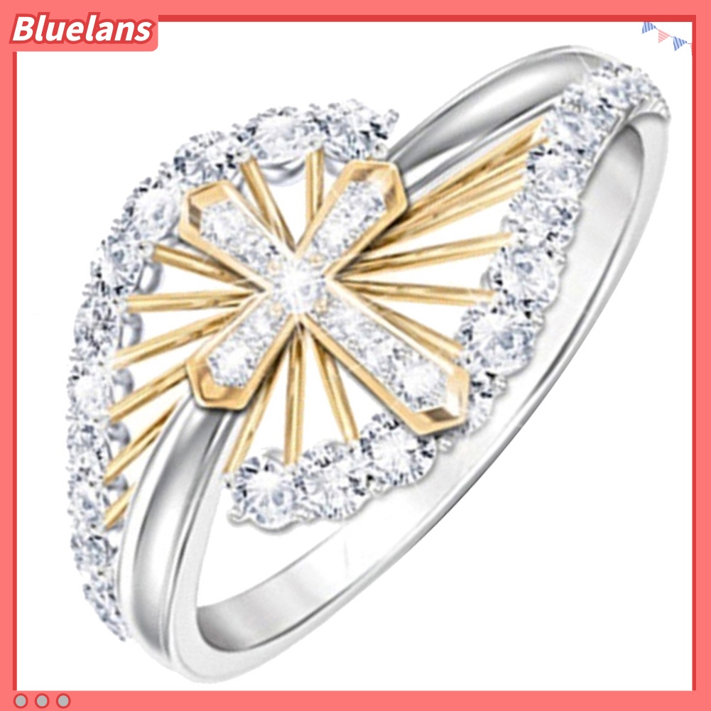 {In Stock} Wanita Dual Tone Berlian Imitasi Bertatahkan Cincin Jari Silang Perhiasan Pertunangan Pernikahan