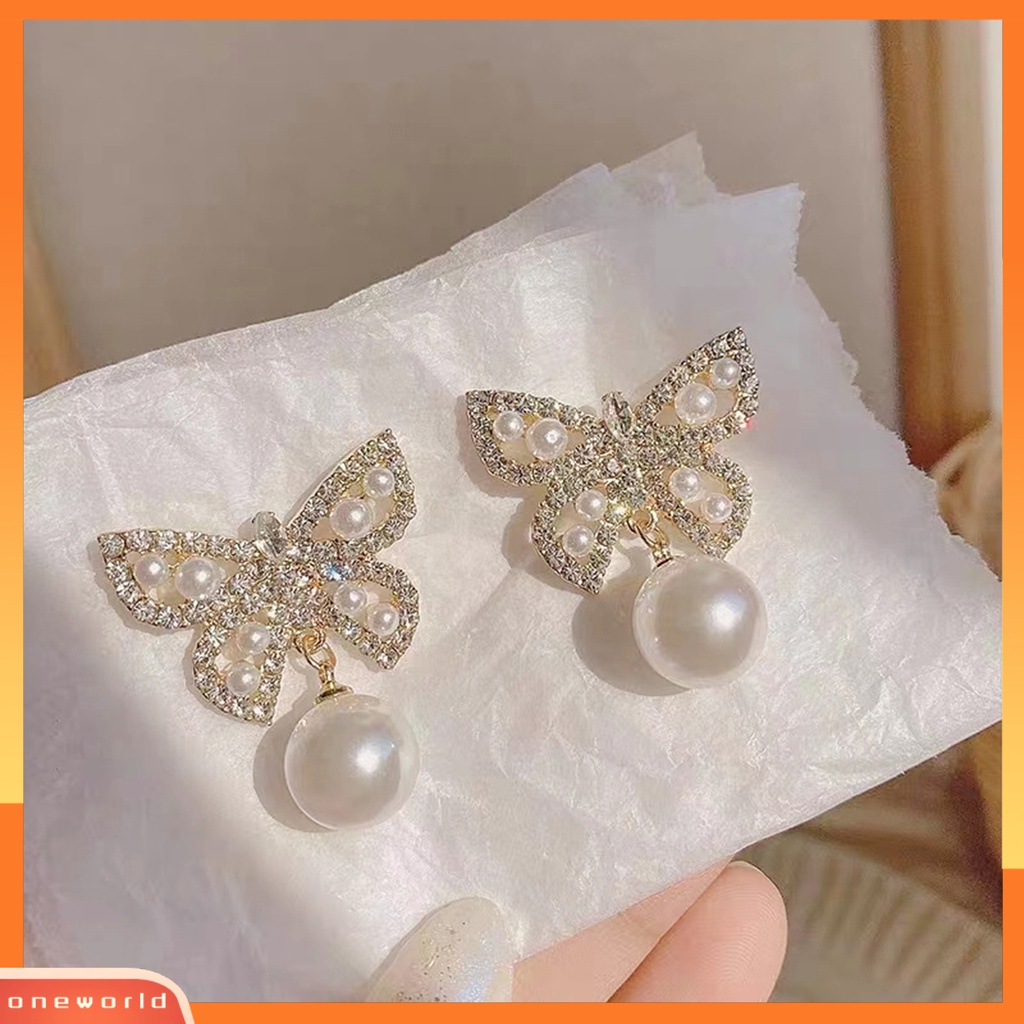 [OWR] 1pasang Anting Menjuntai Mutiara Imitasi Gaya Perancis Elegan Berlian Imitasi Tertanam Berongga Kupu-Kupu Drop Earrings Aksesoris Perhiasan