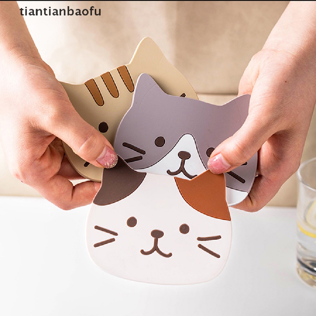 [tiantianbaofu] Kartun Kucing Berbentuk Tikar Teh Cup Holder Mat Kopi Minuman Coaster Insulated Pad Boutique