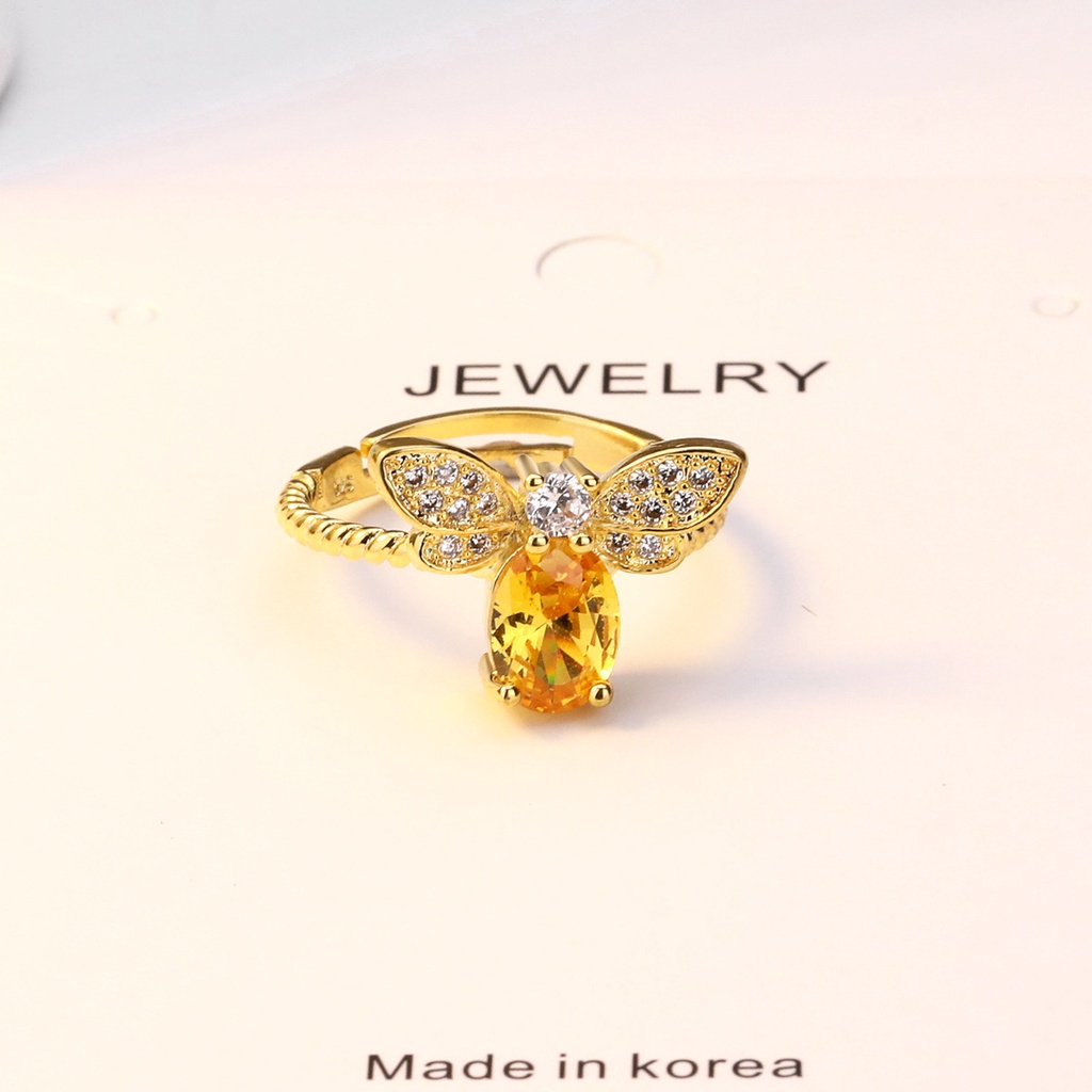 Goldkingdom Aksesoris Perhiasan Fashion Ready Stock Perhiasan Berlapis Emas Warna-Warni Cincin Lebah Kecil Kristal Kuning Dengan Bukaan Yang Dapat Disesuaikan