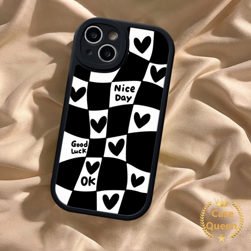 IPHONE Lucu Blok Tidak Teratur Hitam Putih Cinta Hati Kompatibel Untuk Iphone11 13 14 12 Pro Max 7plus XR 6s 7 6 8 plus XS Max X SE 2020 Pasangan Casing Soft Tpu Back Case