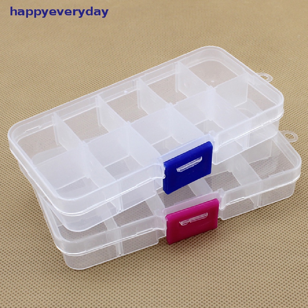 [happy] 10grids Kotak Penyimpanan Plastik Transparan Adjustable Untuk Komponen Kecil Perhiasan Tool Box Manik Pil Organizer Nail Art Tip Case [ID]