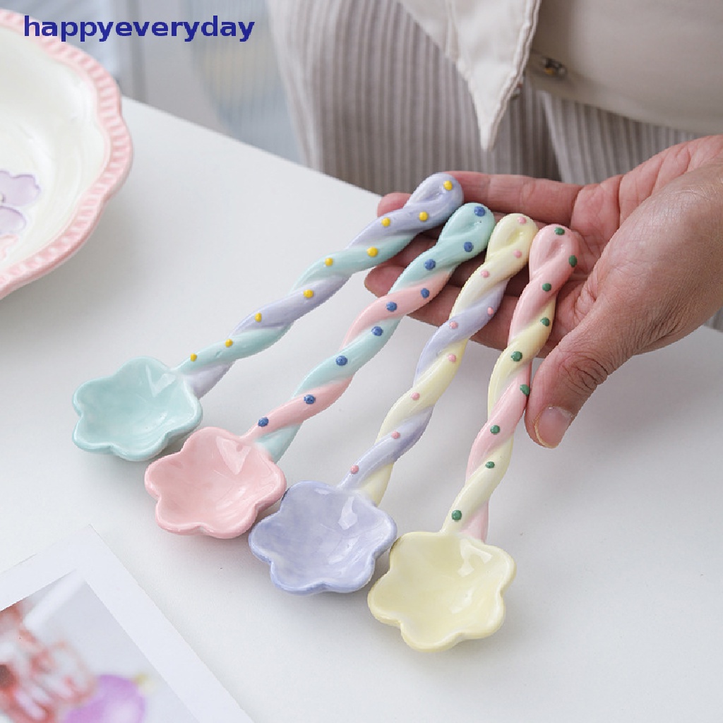 [happy] 1pc Sendok Gagang Panjang Keramik Lucu Es Krim Hand Painted Dessert Spoon [ID]