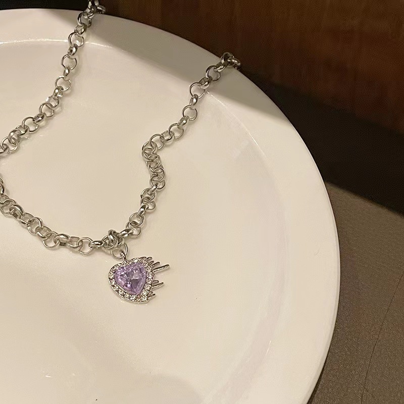 Kalung Rantai Silver Y2K Liontin Hati Zirkon Permata Ungu Elegan Untuk Aksesoris Perhiasan Wanita