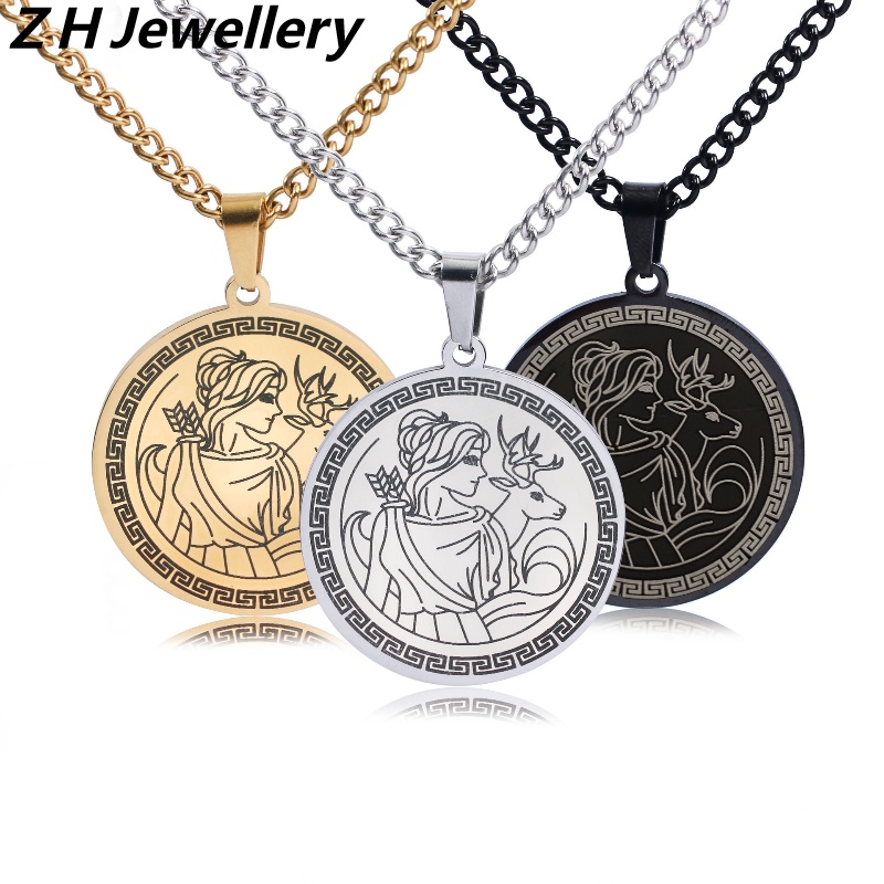 Z H Perhiasan Hip Hop Rock Stainless Steel Olympus Dua Belas Dewa Berburu Dewi Artemis Liontin Pria Dan Wanita Fashion Baja Titanium Kalung Retro Punk Aksesoris Pesta