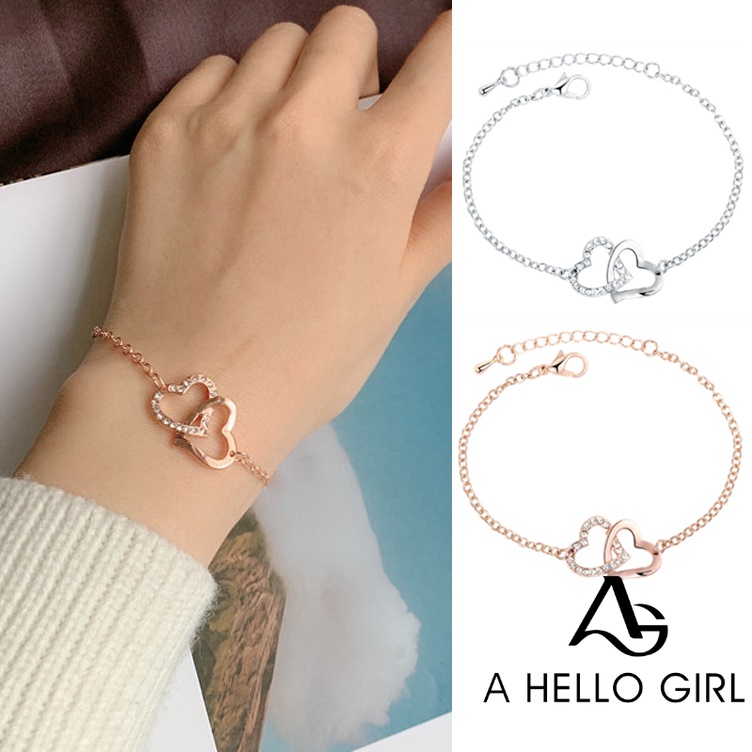 Gelang Desain Hati Ganda Aksen Berlian Warna Rose Gold Dan Silver Gaya Korea