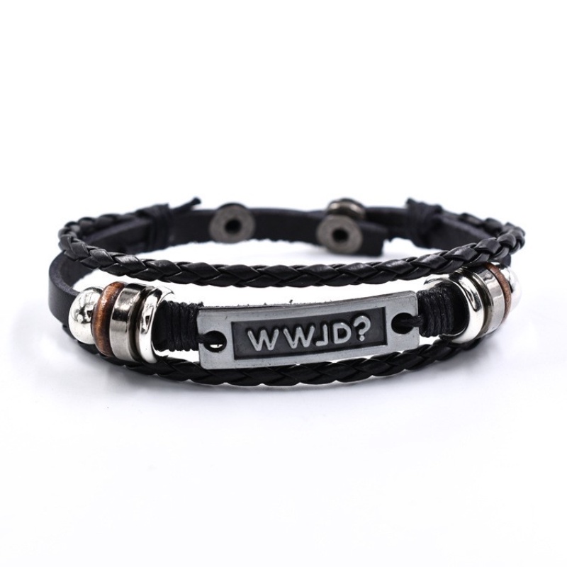 [X C Gelang] Baru WWJD Huruf Gaya Gelang Hitam Kulit Vintage Hip Hop Punk Gelang Kulit Lengan Manik-Manik Multilayer Paduan Seng Anyaman Gelang